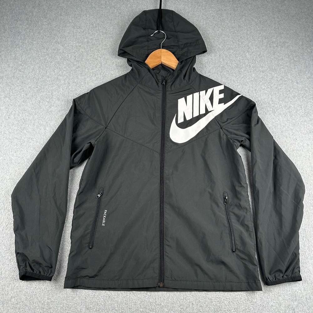 Nike Windbreaker Mens Large Packable Black Full Zip Hooded Sportswear Jacket